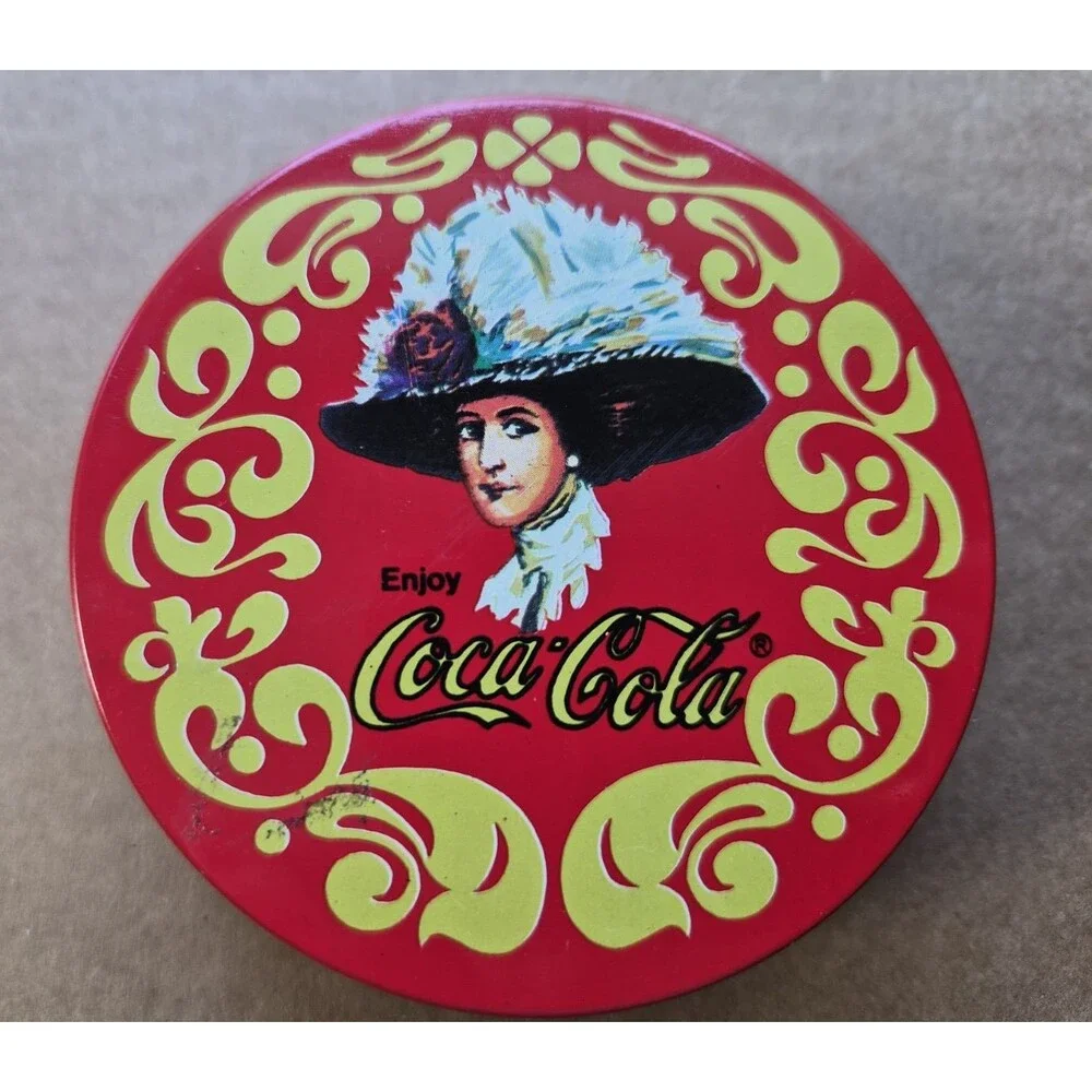 Vintage Coca Cola Old Fashioned Tin & Coasters Victorian Lady Cork Back Set